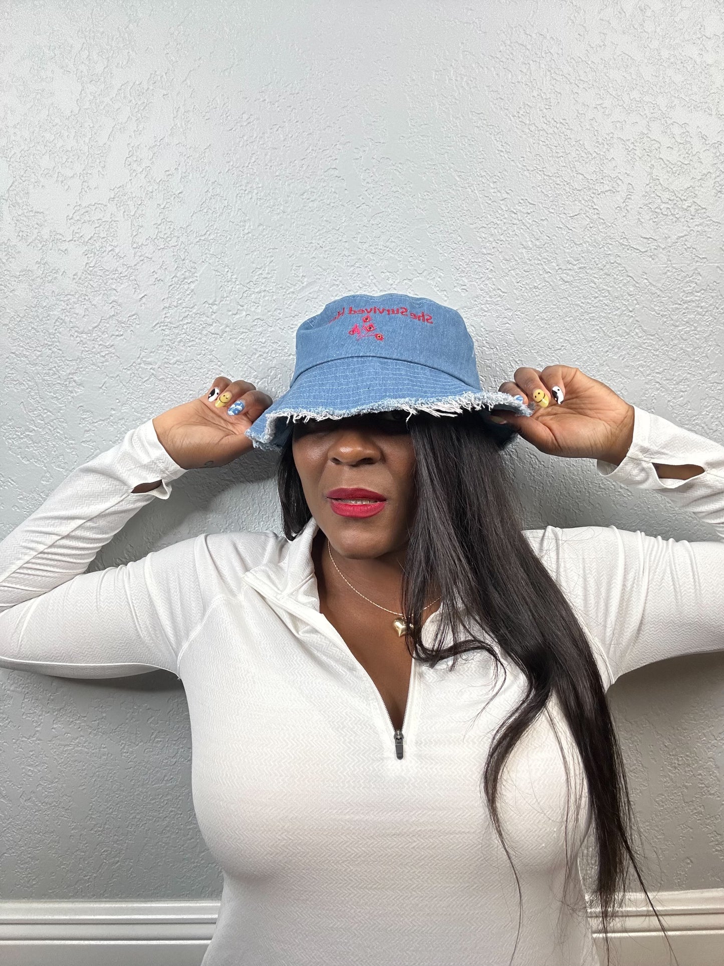 "She Survived Herself" | Distressed denim bucket hat