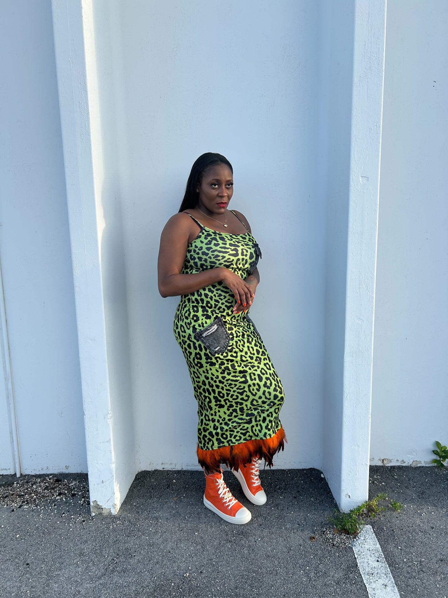 green leopard dress with pockets
