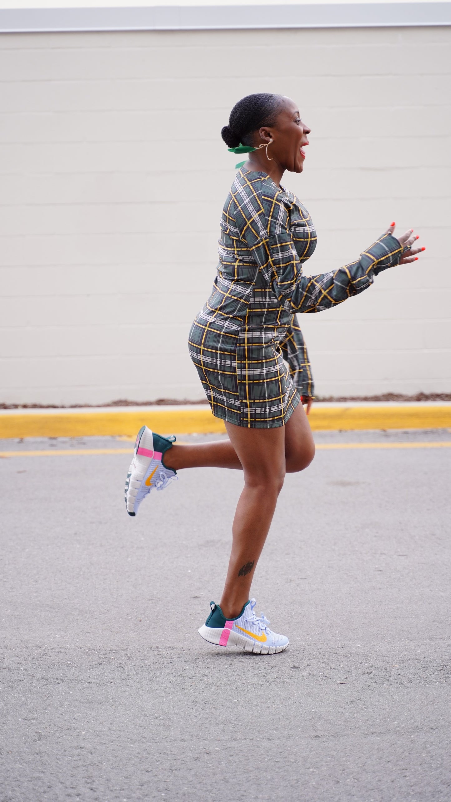 green plaid long sleeve dress