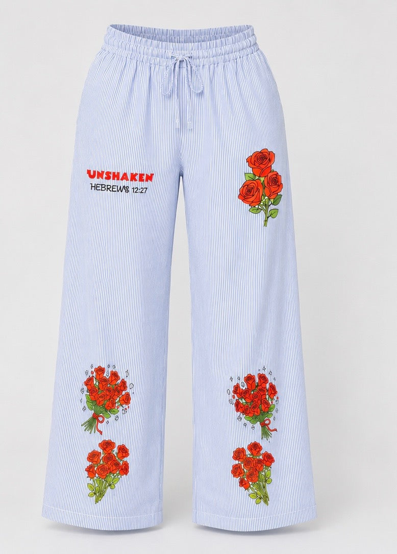 Wide-Leg Pants – Blue & White with  Rose Graphic