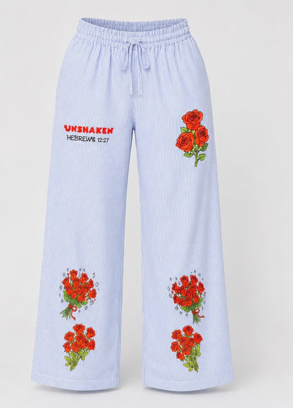 Wide-Leg Pants – Blue & White with  Rose Graphic