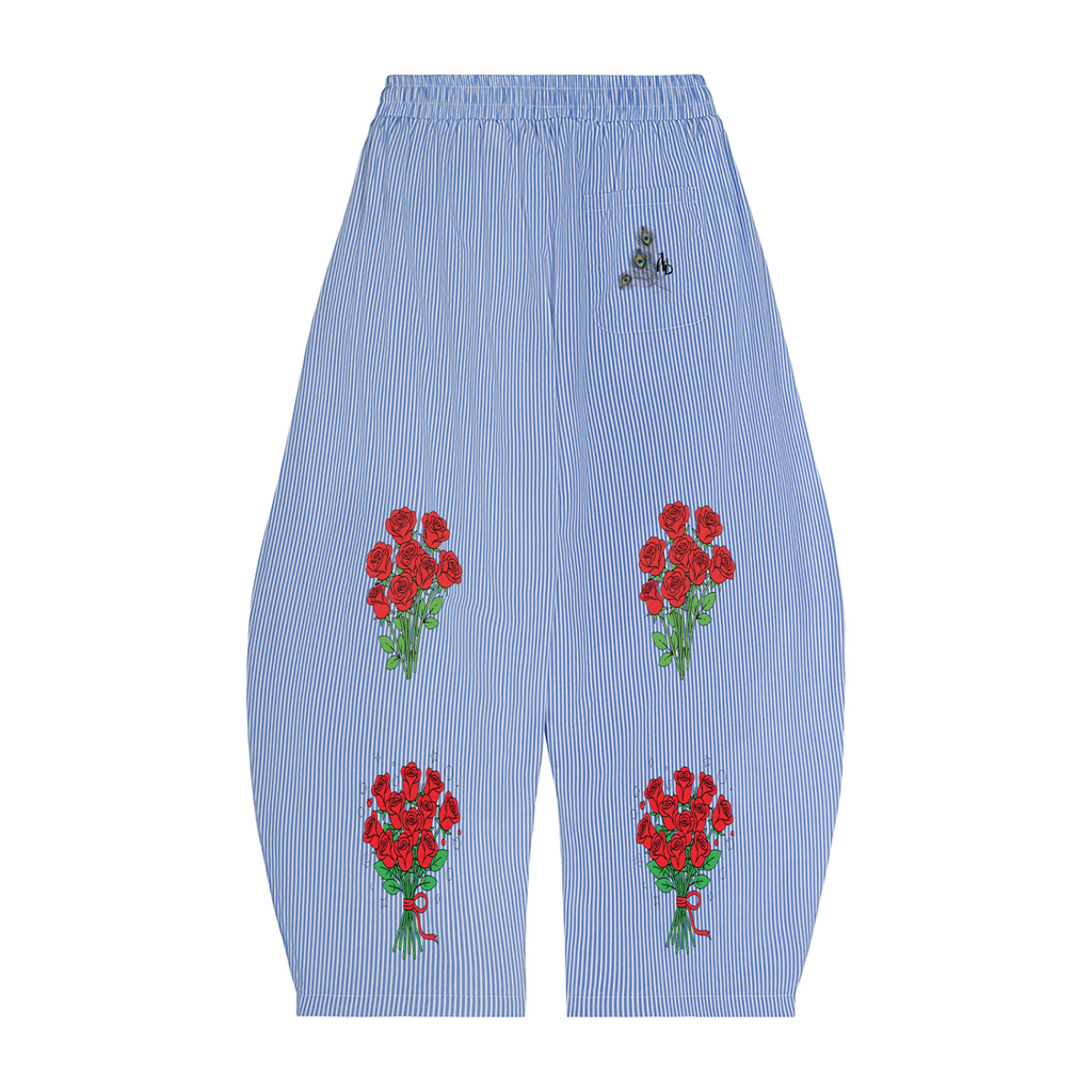 Wide-Leg Pants – Blue & White with  Rose Graphic