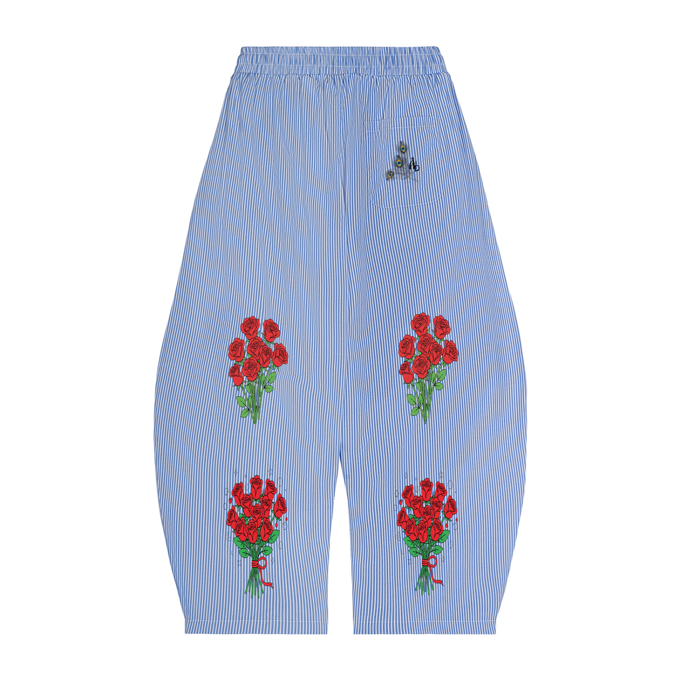 Wide-Leg Pants – Blue & White with  Rose Graphic
