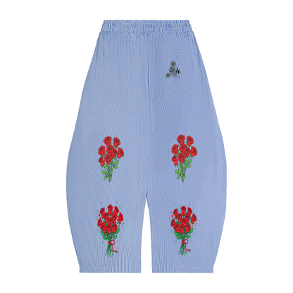 Wide-Leg Pants – Blue & White with  Rose Graphic