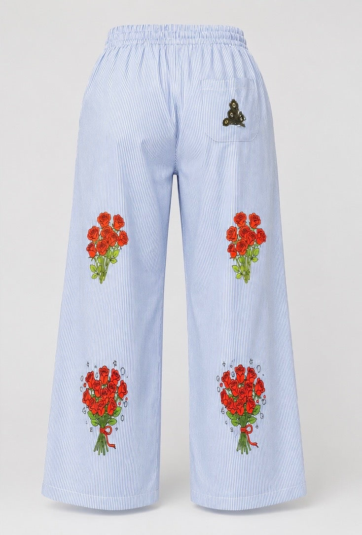 Wide-Leg Pants – Blue & White with  Rose Graphic