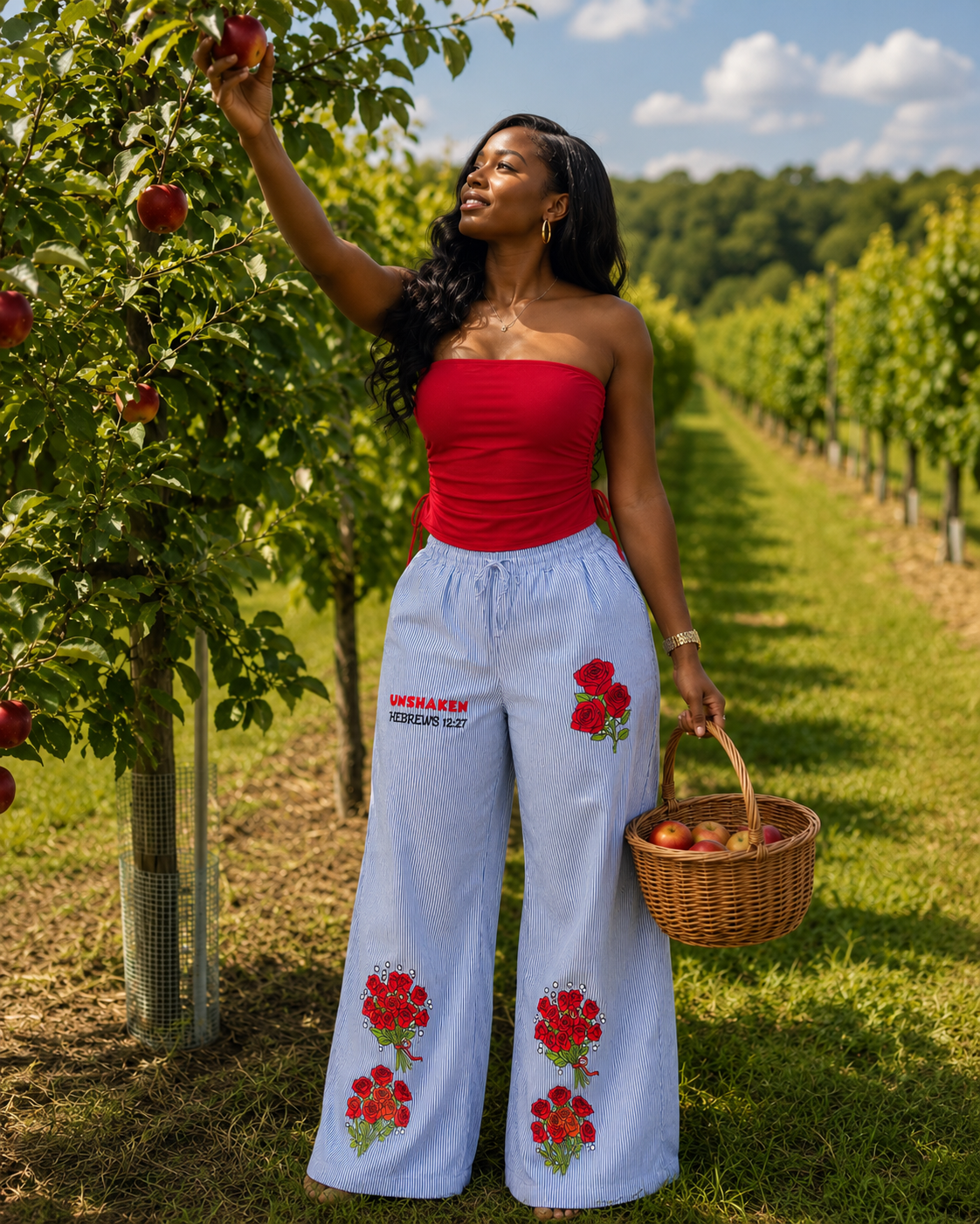 Wide-Leg Pants – Blue & White with  Rose Graphic