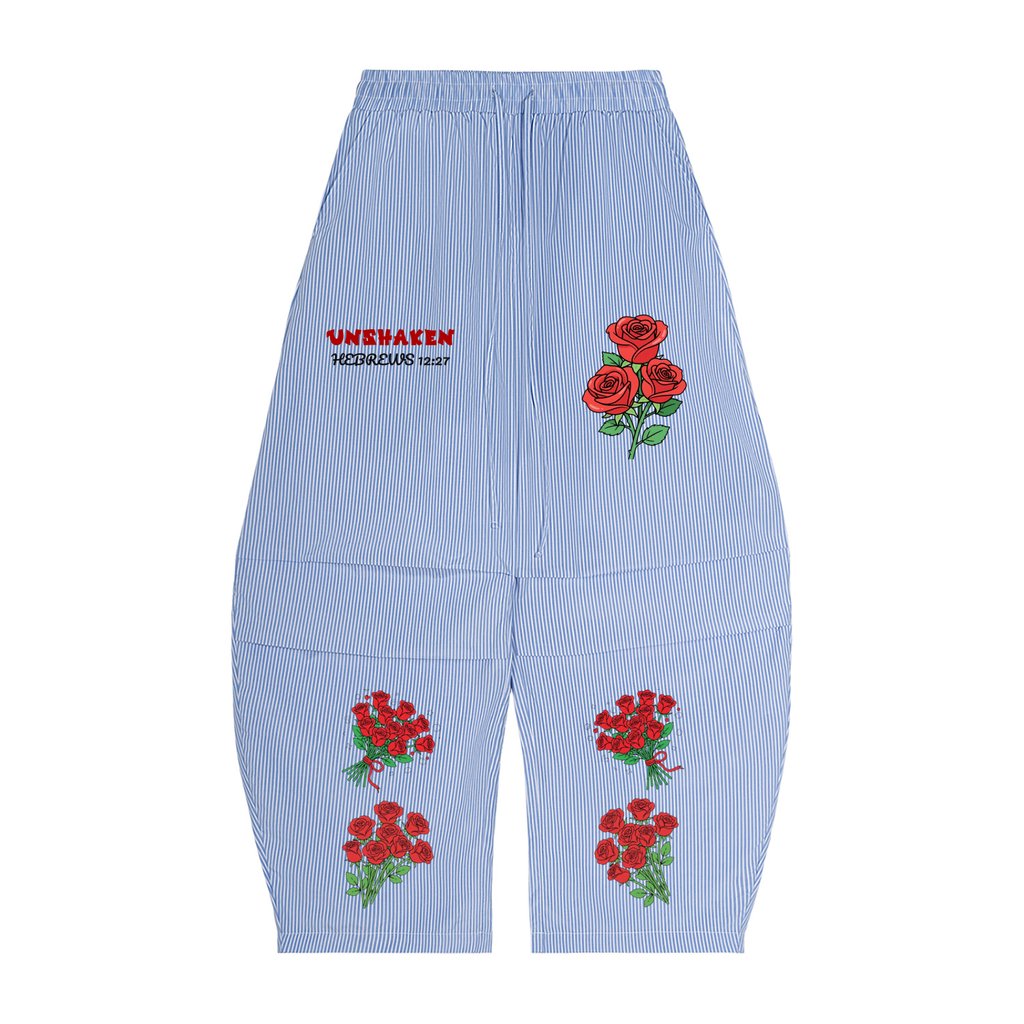 Wide-Leg Pants – Blue & White with  Rose Graphic