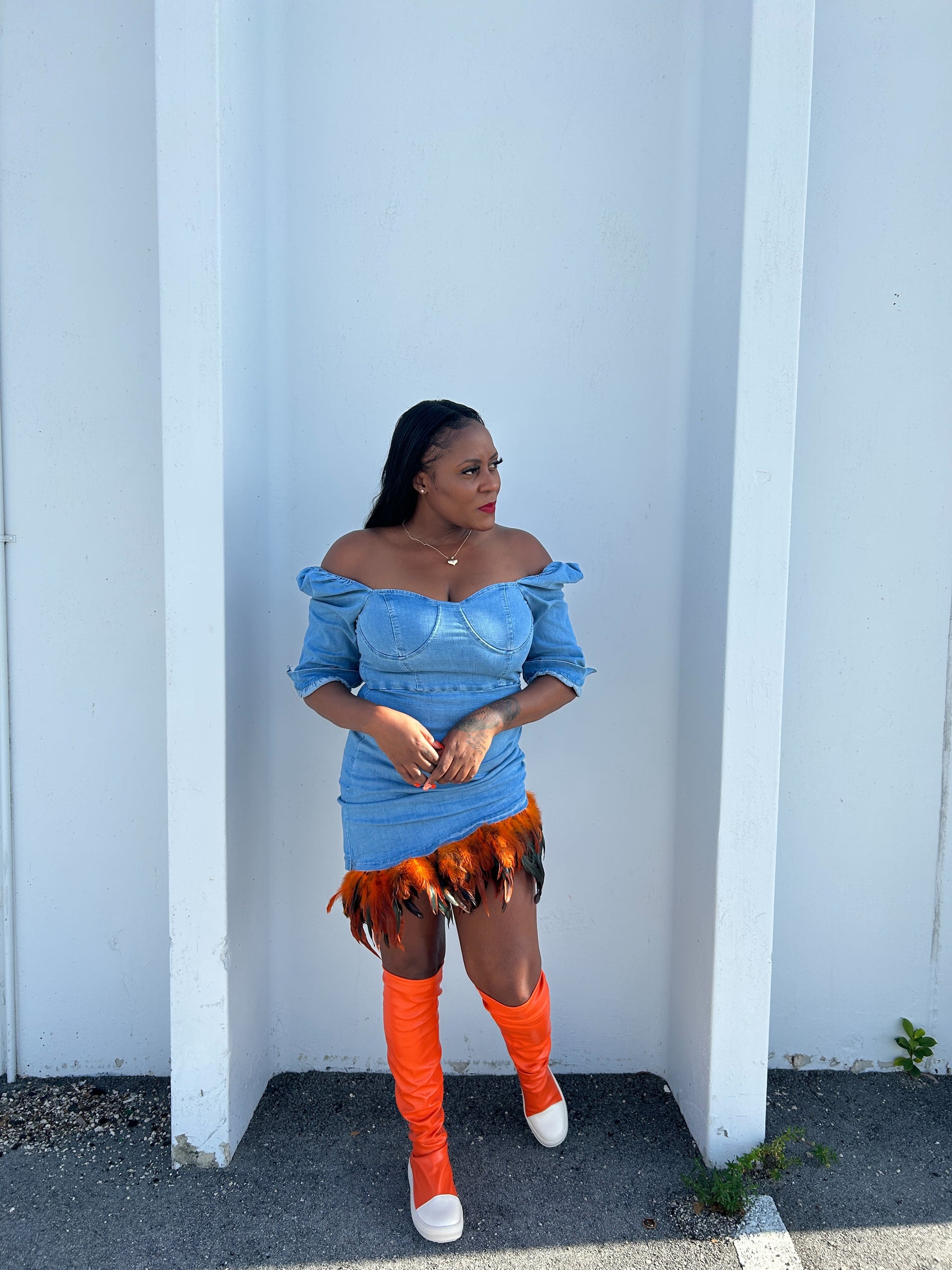 Denim Feather Dress - Unique Fashion Statement | Amare Dynasty Denim Feather Dress - Unique Fashion Statement | Amare Dynasty