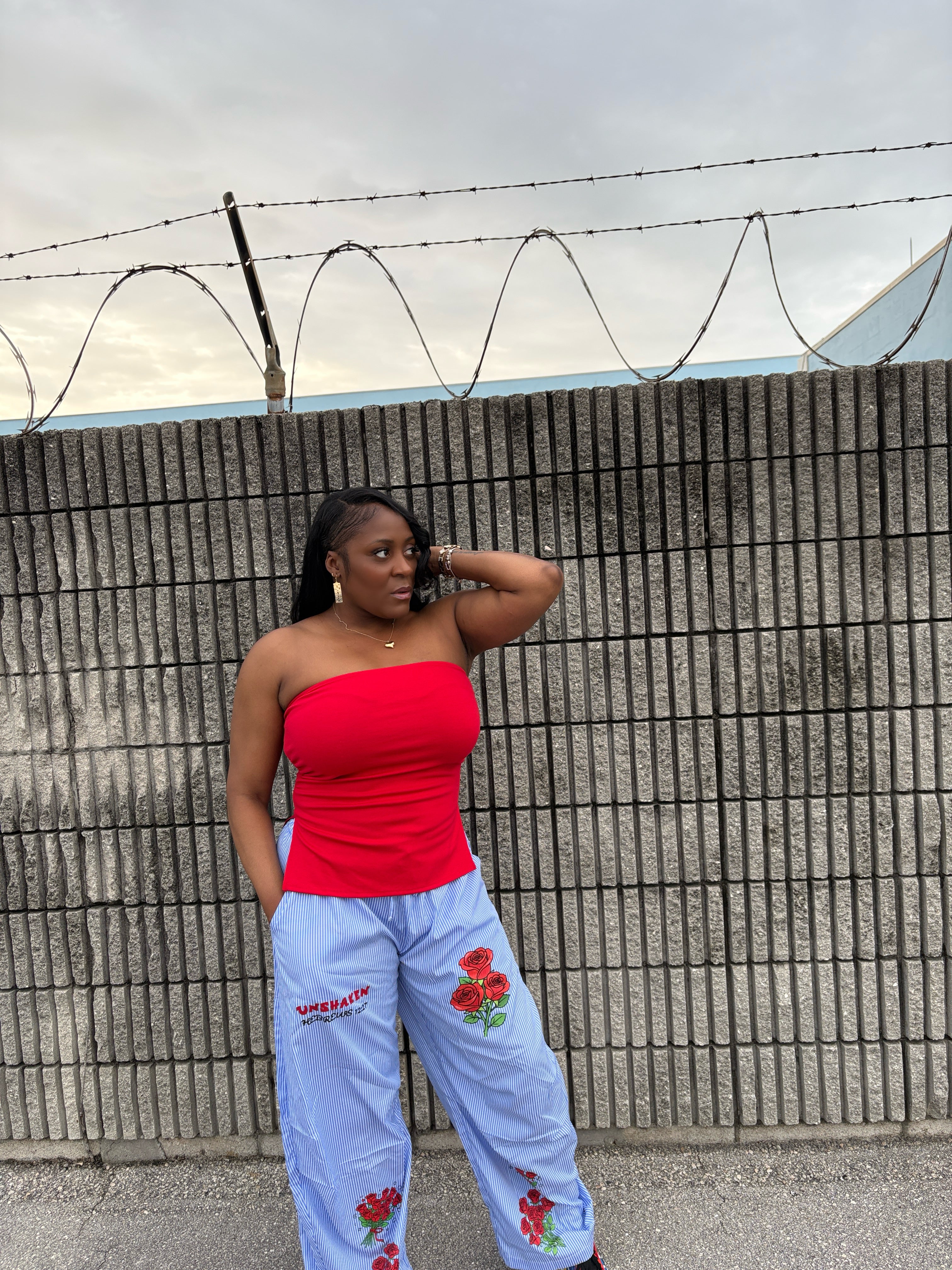Wide-Leg Pants – Blue & White with  Rose Graphic