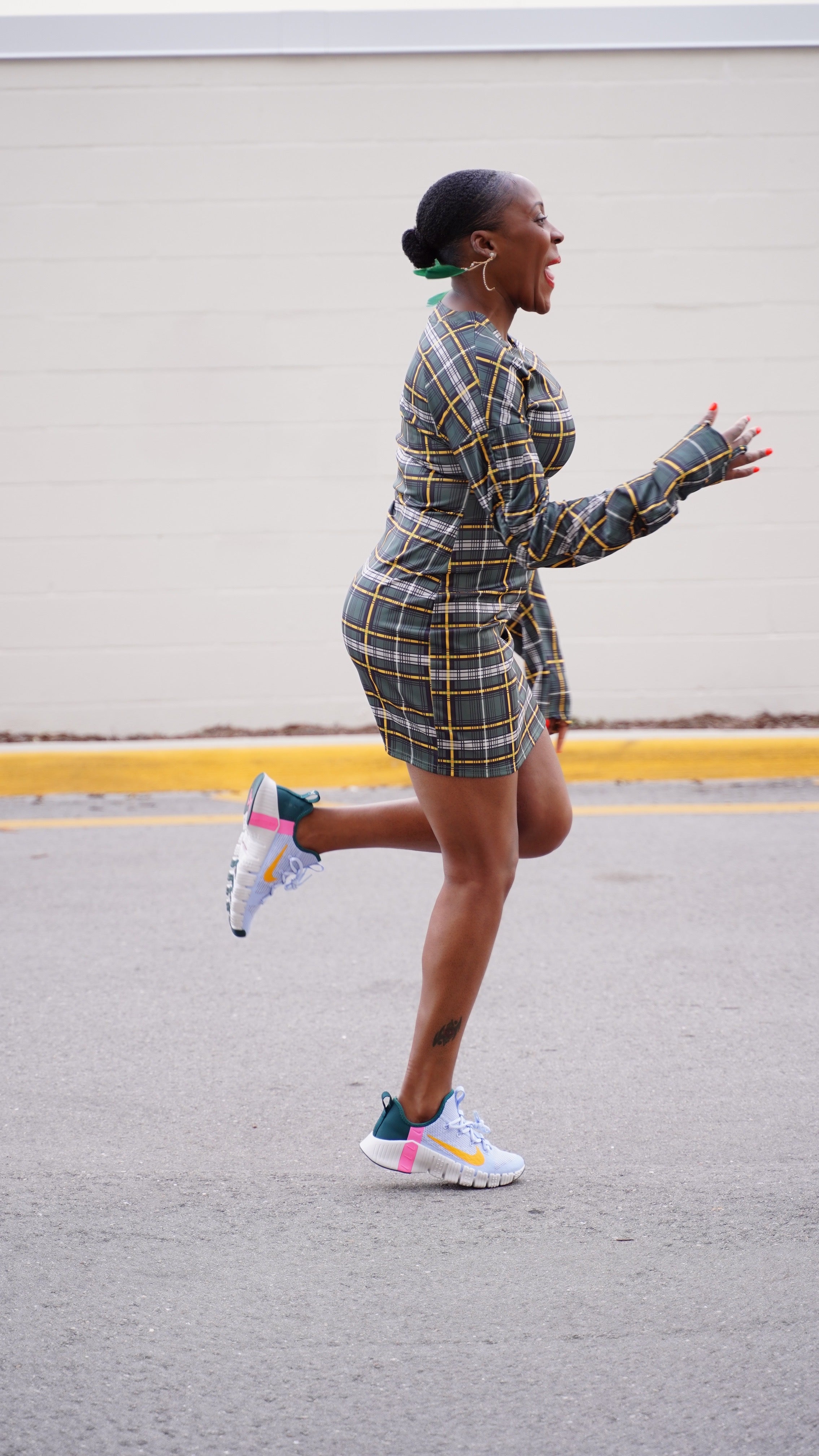 green plaid long sleeve dress