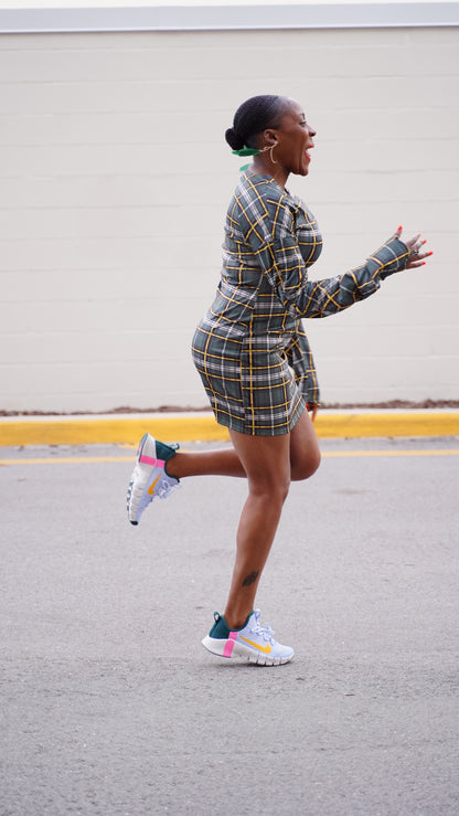 green plaid long sleeve dress