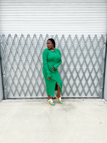 Stylish ribbed green maxi dress with a fitted silhouette, button-up front, and flowy bell sleeves.”