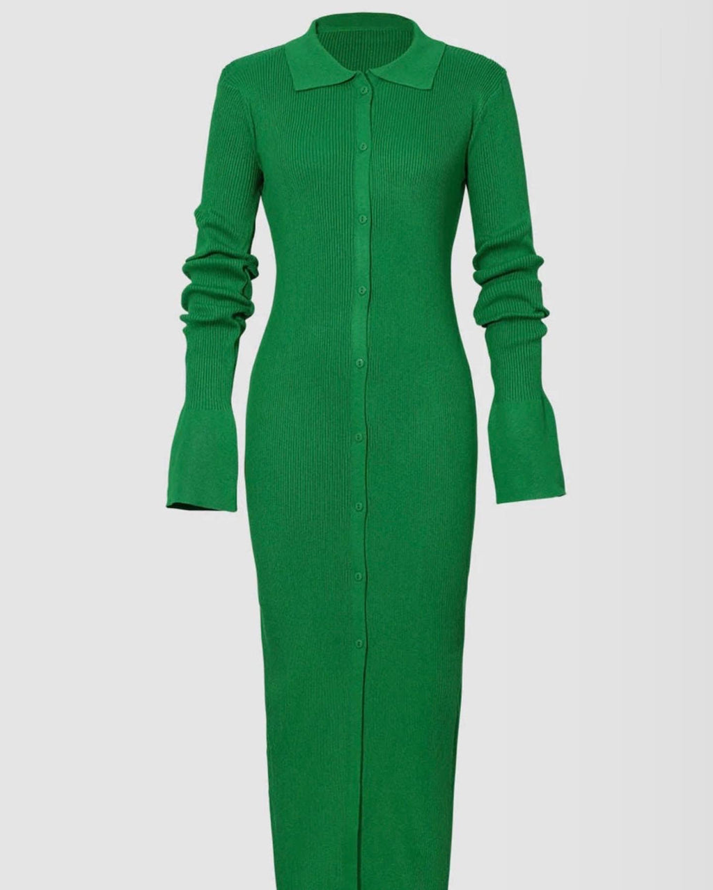 Statement bell sleeves on a ribbed green maxi dress, adding elegance and movement to the design.