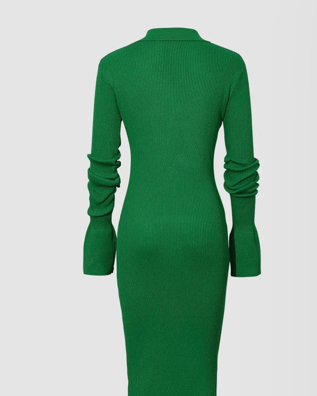 Back view of a green ribbed maxi dress with a tailored fit, long sleeves, and flowing bell cuffs